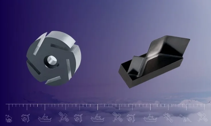 Background of a sky with clouds with a blue filter, two Mersen's isostatic graphite products are in the forefront. 