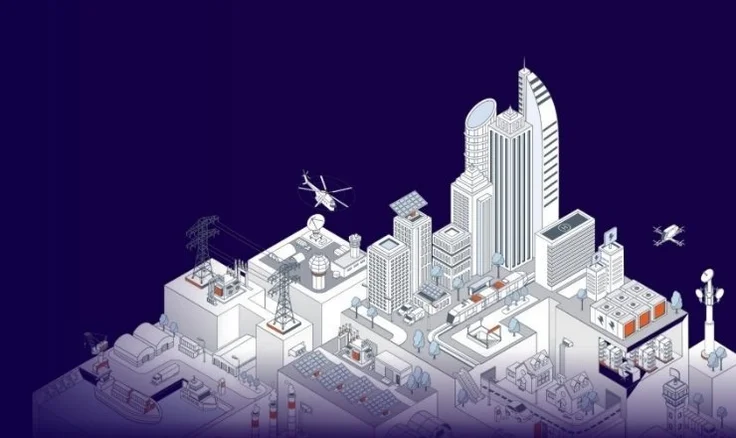 Isometric illustration of a smart city with power grid, buildings, renewables and transport Illustration 