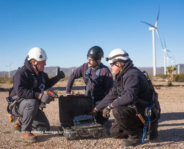 Wind turbine Mersen maintenance team in a wind field