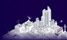 Isometric illustration of a smart city with power grid, buildings, renewables and transport Illustration 