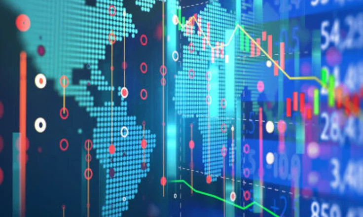 financial charts and world map