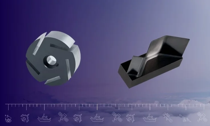 Background of a sky with clouds with a blue filter, two Mersen's isostatic graphite products are in the forefront. 