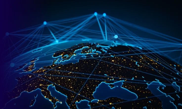 Blue digital network over Earth, connecting glowing points.